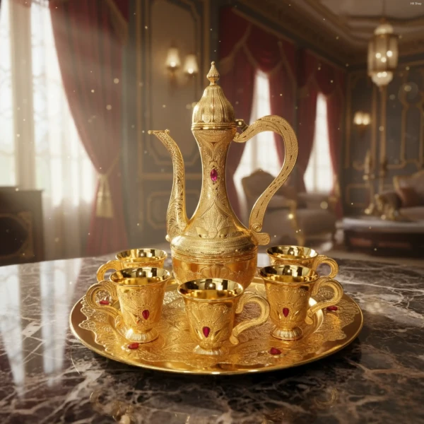 Gold Plated Arabic Tea Set - 7 Piece Decorative Turkish Tea Set with Tray and Gemstone Accents | Luxury Gift for Home, Wedding, Ramadan, Eid