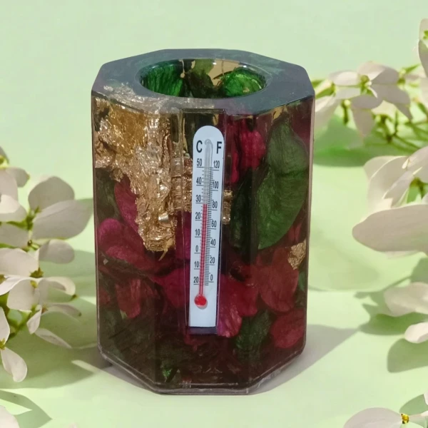 Multipurpose Crystal Hexagon Pen Holder with Room Temperature Meter