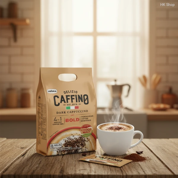 Buy Delizio Caffino Dark Cappuccino Bold 4-in-1 Instant Coffee Mix with Choco Malt Topping – 500g (20 Sachets) | Indonesian Coffee