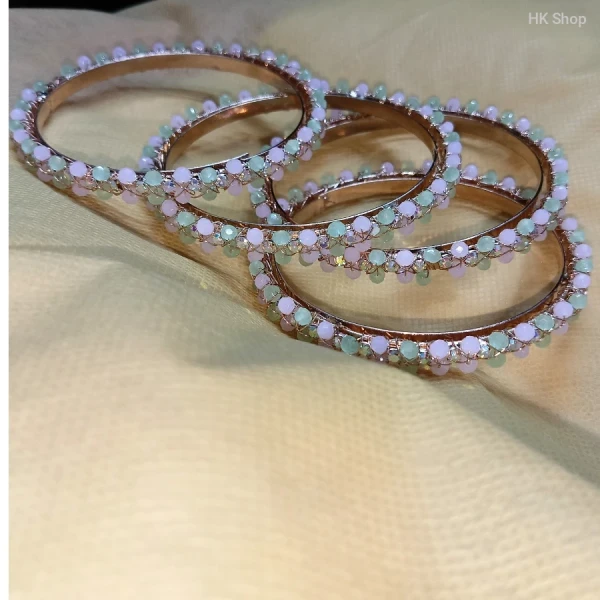 Elegant Pastel Gemstone Bangle Set – Mint Green & Blush Pink | Elegance for Every Occasion (4Pieces set)