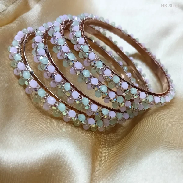 Elegant Pastel Gemstone Bangle Set – Mint Green & Blush Pink | Elegance for Every Occasion (4Pieces set)