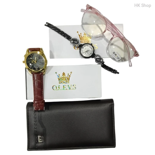 couple combo- men's watch and wallet- women's watch and stylish sunglass, lady's olevs watch lady's sunglass grid men's olevs belt watch and dunhill long wallet.