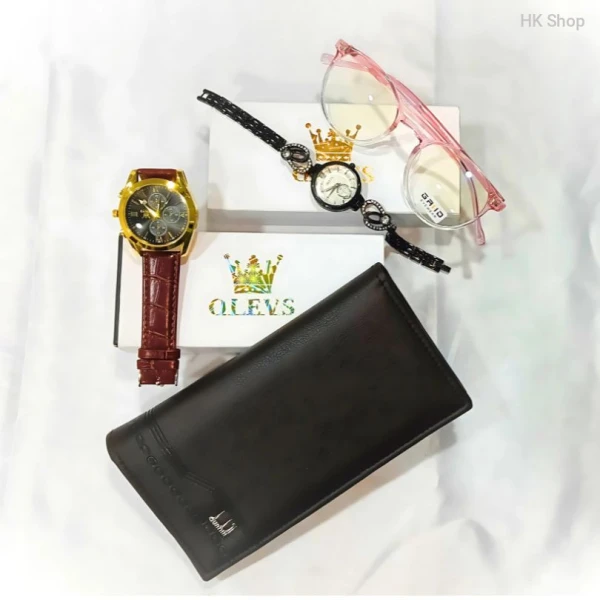 couple combo- men's watch and wallet- women's watch and stylish sunglass, lady's olevs watch lady's sunglass grid men's olevs belt watch and dunhill long wallet.