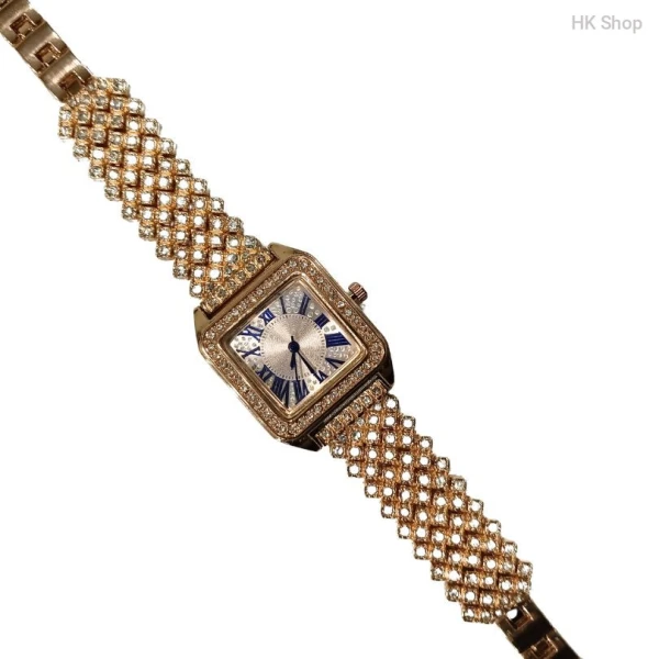 Square Shape Quartz Wristwatch for Ladies-Luxury Women's Square Quartz Watch – Diamond-Encrusted Dial, Roman Numerals, Stylish Metal Strap