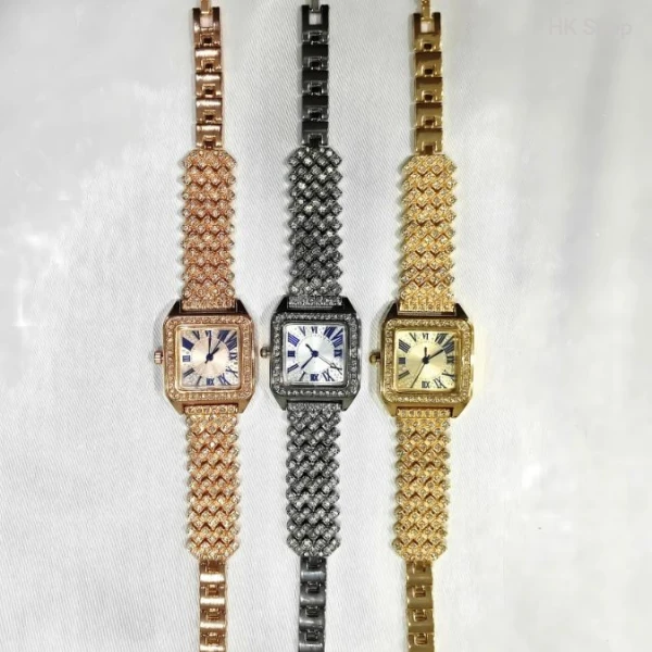 Square Shape Quartz Wristwatch for Ladies-Luxury Women's Square Quartz Watch – Diamond-Encrusted Dial, Roman Numerals, Stylish Metal Strap