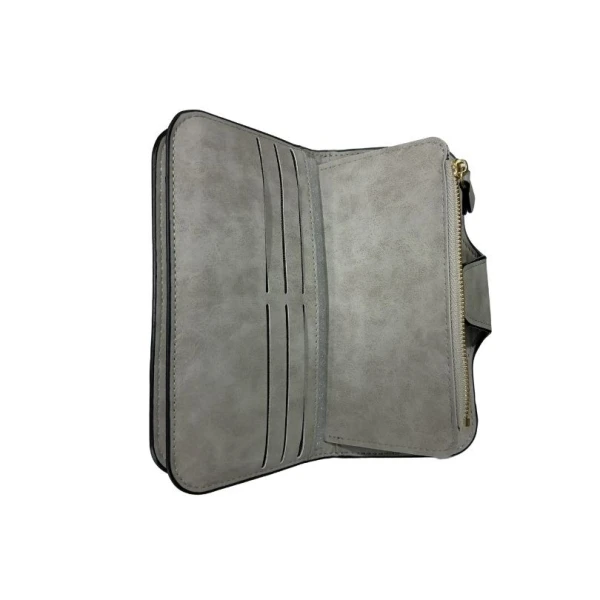 Menbense PU Leather Double Zipper Grey Long Wallet For Women