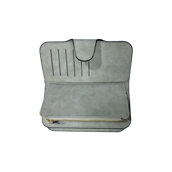 Menbense PU Leather Double Zipper Grey Long Wallet For Women