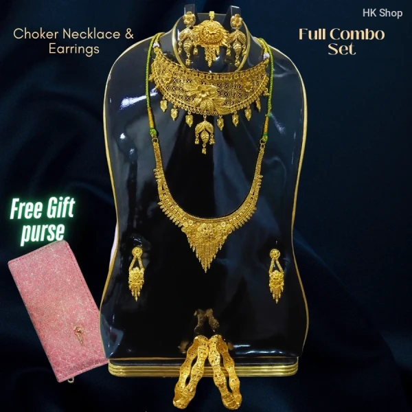 Luxury Gold-Plated Bridal Jewelry Set – Choker, Necklace, Earrings & Bangles