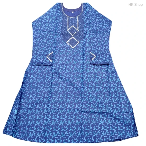 Blue Embroidered Cotton Frock with Block Print