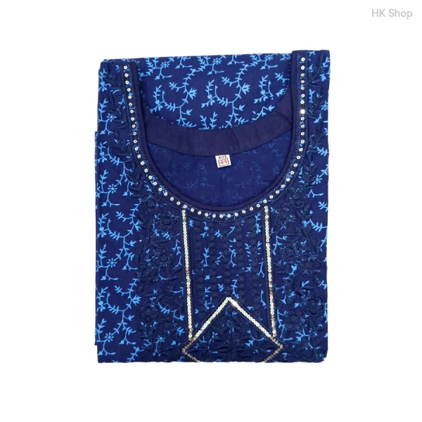 Blue Embroidered Cotton Frock with Block Print