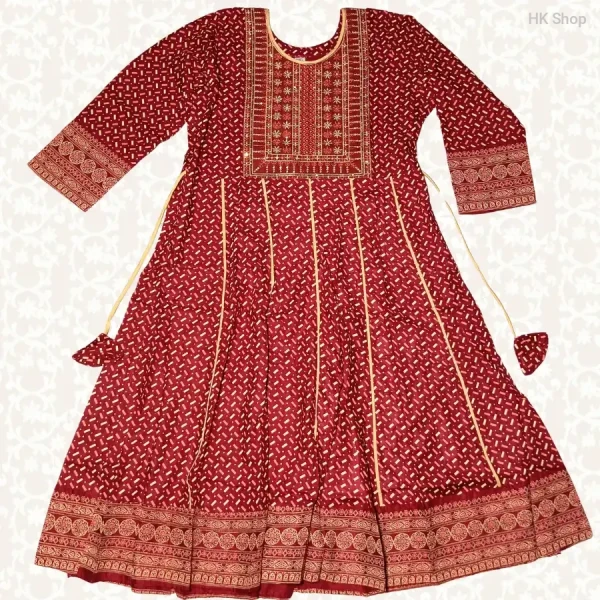 Embroidered Cotton Frock with Block Print – Traditional & Stylish