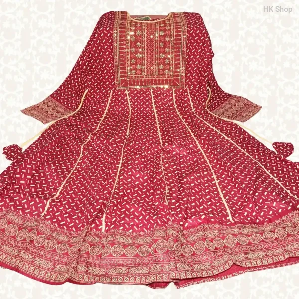 Embroidered Cotton Frock with Block Print – Traditional & Stylish