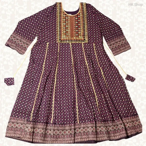 Embroidered Cotton Frock with Block Print – Traditional & Stylish