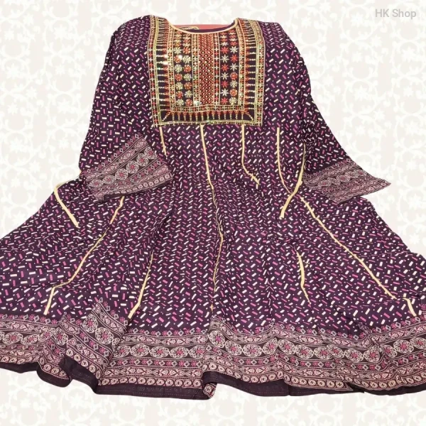 Embroidered Cotton Frock with Block Print – Traditional & Stylish
