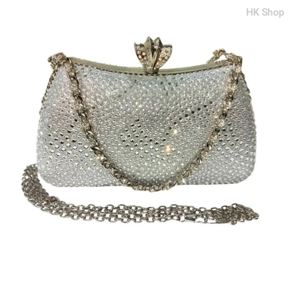 Silver Diamond Rhinestone Clutch Bag – Elegant Evening Handbag with Chain Strap | Dazzling Rhinestone Clutch for Weddings
