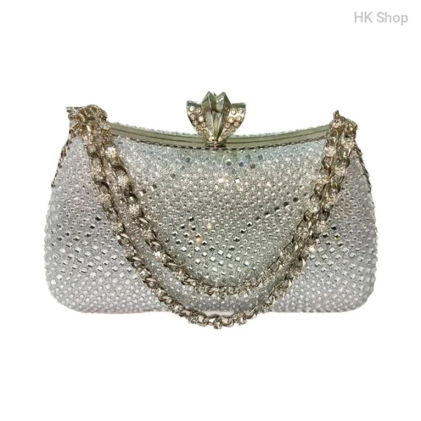 Silver Diamond Rhinestone Clutch Bag – Elegant Evening Handbag with Chain Strap | Dazzling Rhinestone Clutch for Weddings