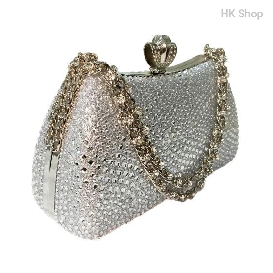 Silver Diamond Rhinestone Clutch Bag – Elegant Evening Handbag with Chain Strap | Dazzling Rhinestone Clutch for Weddings