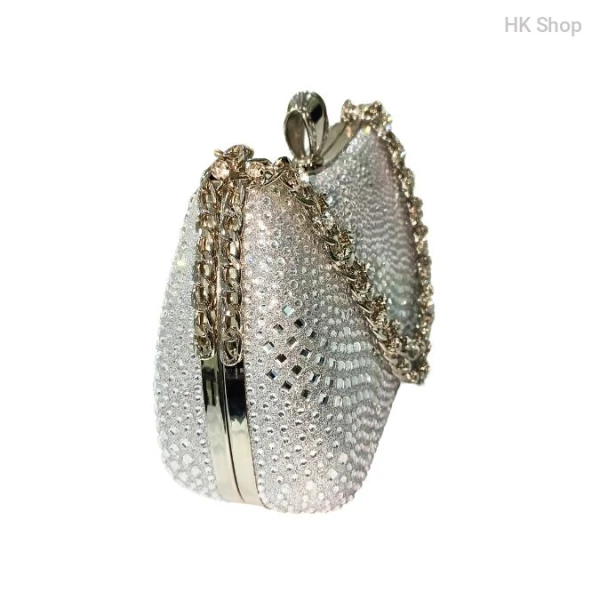 Silver Diamond Rhinestone Clutch Bag – Elegant Evening Handbag with Chain Strap | Dazzling Rhinestone Clutch for Weddings
