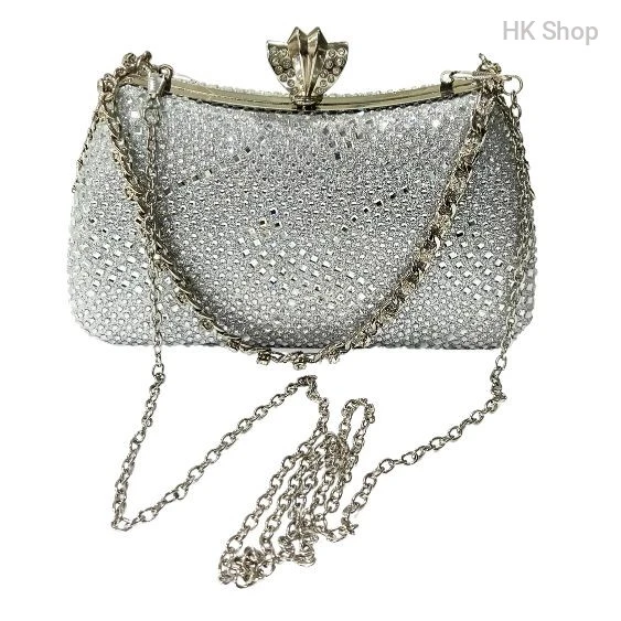 Silver Diamond Rhinestone Clutch Bag – Elegant Evening Handbag with Chain Strap | Dazzling Rhinestone Clutch for Weddings