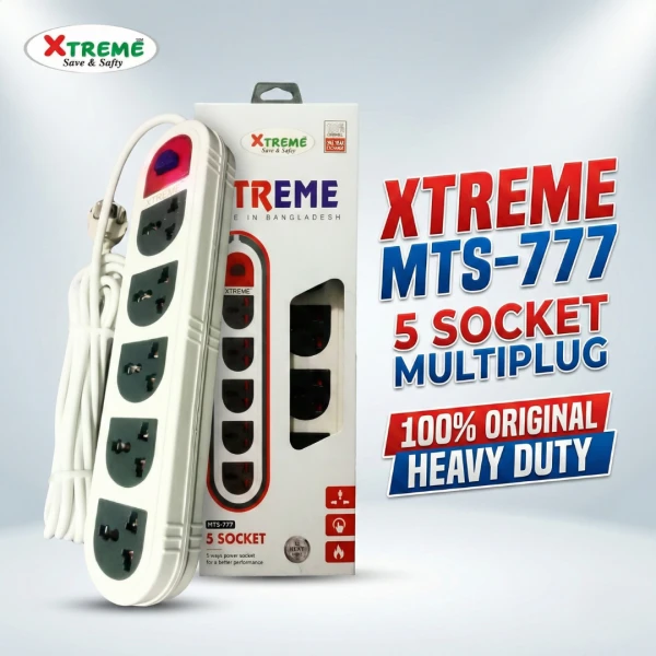 Xtreme 5-Socket Extension Socket Power Strip with 4 Meter Cord | Universal Plug, Surge Protection, Child Safety – 2500W Heavy Duty