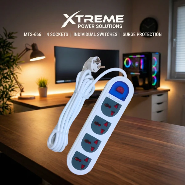 Xtreme 4 Socket Extension Cord 400cm – Power Strip with Surge Protection, Universal Plug, High-Quality Copper Wire – Best Multi Plug Extension Board for Home & Office in Bangladesh