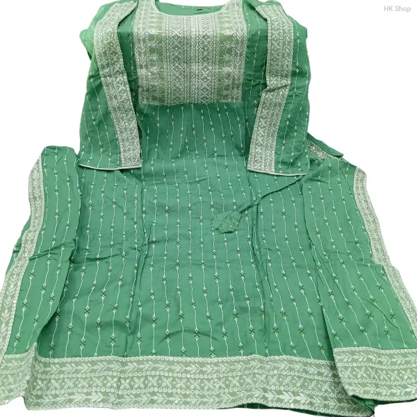 Women's Cotton Readymade 3-Piece Set – Elegant Green Embroidered Design