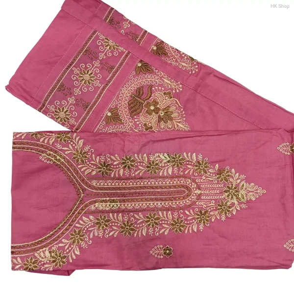 Elegant Muslim Cotton 3-Piece Embroidered Dress for Women – Pink