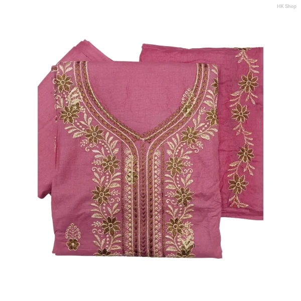 Elegant Muslim Cotton 3-Piece Embroidered Dress for Women – Pink