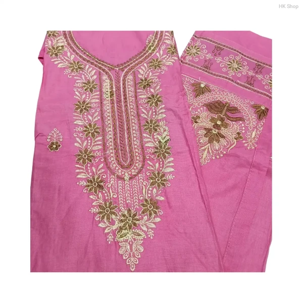Elegant Muslim Cotton 3-Piece Embroidered Dress for Women – Pink