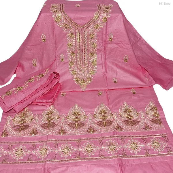 Elegant Muslim Cotton 3-Piece Embroidered Dress for Women – Pink