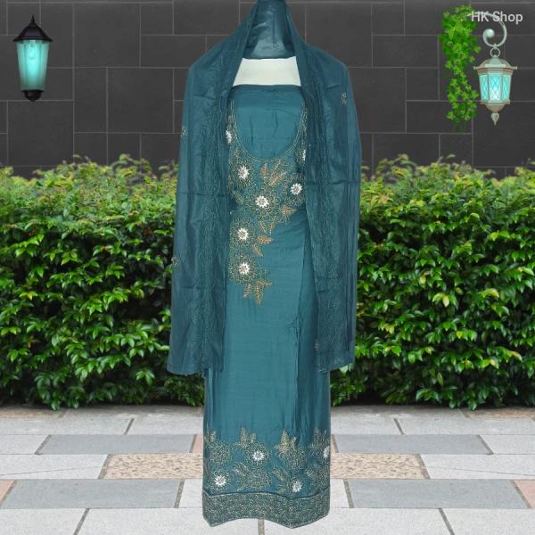 Cotton (শুতি কাপড়) 3-Piece Dress with Beaded Pearl Stone Embroidery (মুক্তা পাথর পুতি)