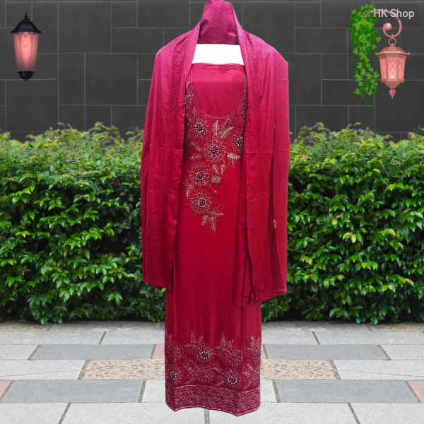 Cotton (শুতি কাপড়) 3-Piece Dress with Beaded Pearl Stone Embroidery (মুক্তা পাথর পুতি)
