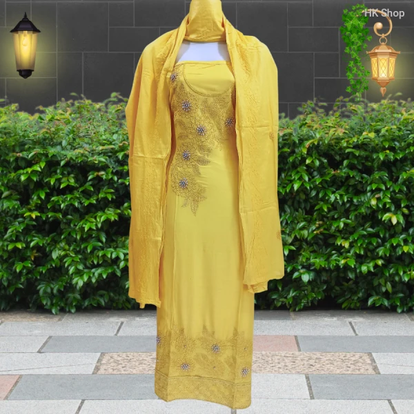 Cotton (শুতি কাপড়) 3-Piece Dress with Beaded Pearl Stone Embroidery (মুক্তা পাথর পুতি)