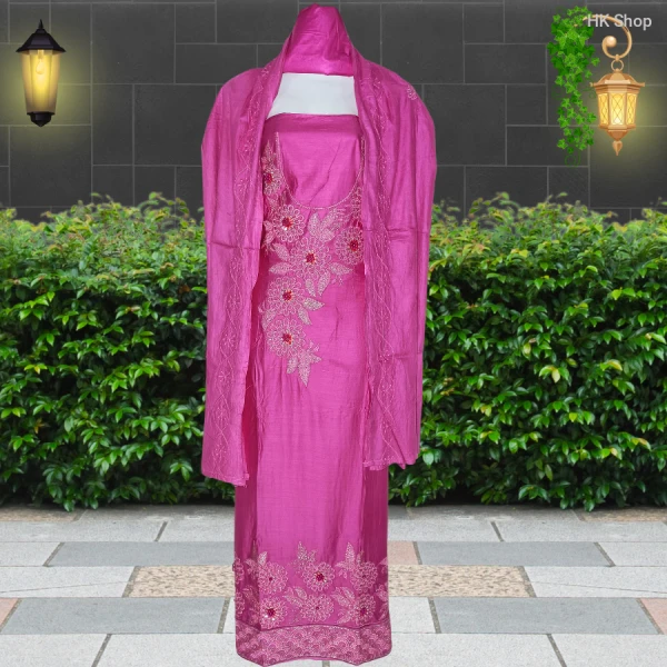 Cotton (শুতি কাপড়) 3-Piece Dress with Beaded Pearl Stone Embroidery (মুক্তা পাথর পুতি)