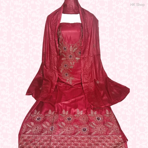 Cotton (শুতি কাপড়) 3-Piece Dress with Beaded Pearl Stone Embroidery (মুক্তা পাথর পুতি)