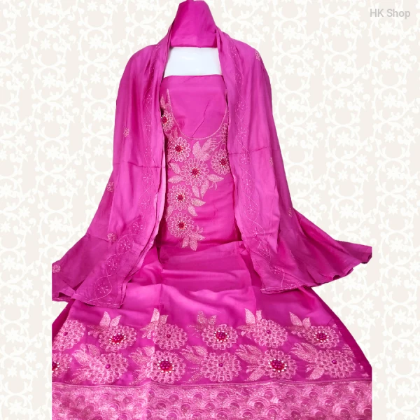 Cotton (শুতি কাপড়) 3-Piece Dress with Beaded Pearl Stone Embroidery (মুক্তা পাথর পুতি)