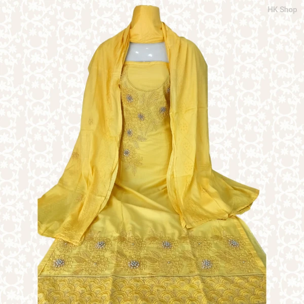 Cotton (শুতি কাপড়) 3-Piece Dress with Beaded Pearl Stone Embroidery (মুক্তা পাথর পুতি)