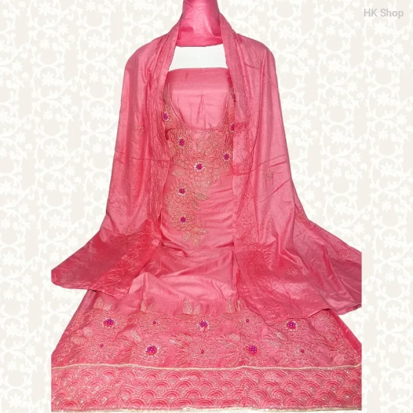 Cotton (শুতি কাপড়) 3-Piece Dress with Beaded Pearl Stone Embroidery (মুক্তা পাথর পুতি)