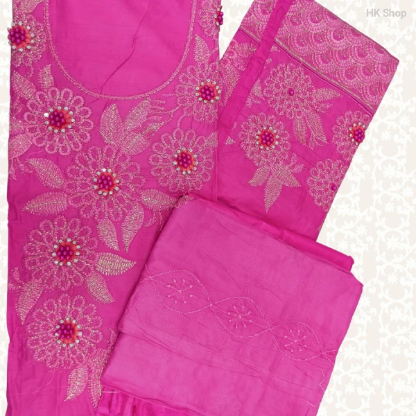 Cotton (শুতি কাপড়) 3-Piece Dress with Beaded Pearl Stone Embroidery (মুক্তা পাথর পুতি)