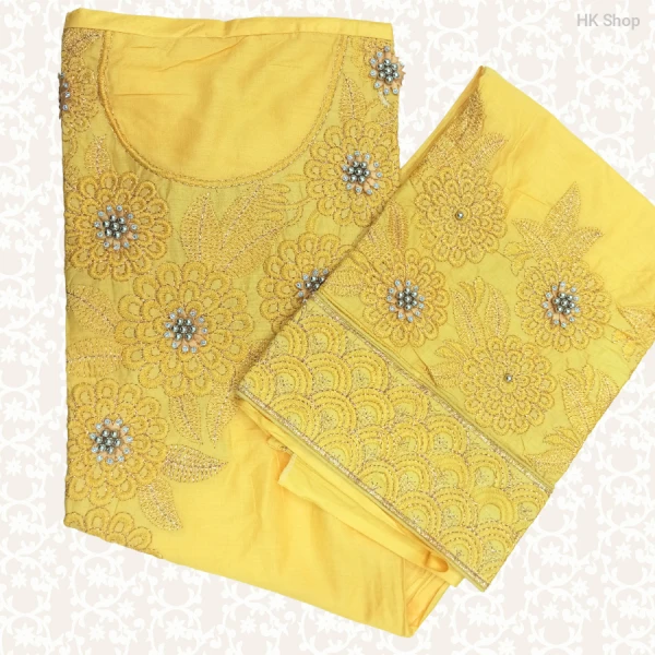 Cotton (শুতি কাপড়) 3-Piece Dress with Beaded Pearl Stone Embroidery (মুক্তা পাথর পুতি)