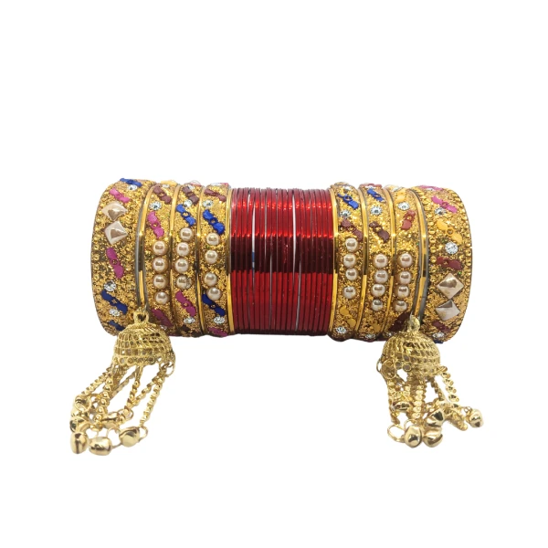 Elegant Red & Gold Bangles Set with Pearls and Rhinestones – Perfect for Bridal and Festive Occasions | ঐতিহ্যবাহী ব্রাইডাল এবং উৎসবের গয়না