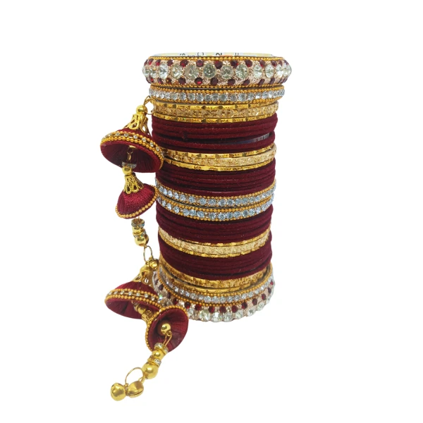 Red Velvet Gold Bangles Set with Crystal Embellishments and Tassels | বাঙ্গলস সেট ক্রিস্টাল এমবেলিশমেন্ট এবং ট্যাসেলস সহ