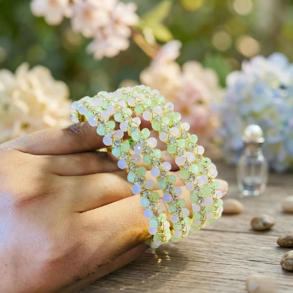 Handmade Pastel Beaded Bangles – Elegant Golden Wire Bracelet Set for Women | হাতের তৈরি পাস্তেল রঙের মণির বালা সেট