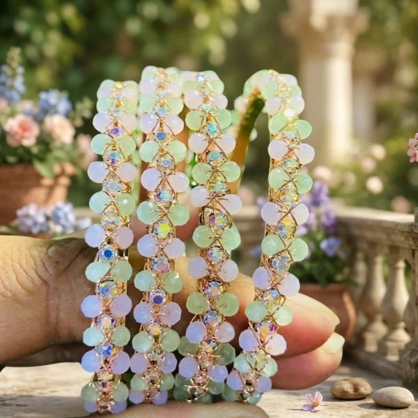 Handmade Pastel Beaded Bangles – Elegant Golden Wire Bracelet Set for Women | হাতের তৈরি পাস্তেল রঙের মণির বালা সেট