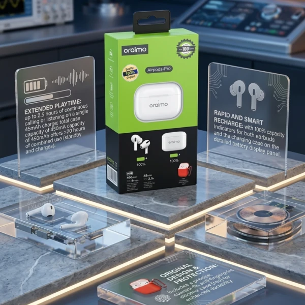 Oraimo AirPods Pro Wireless Earbuds – True Wireless Bluetooth 5.0, Noise Cancelling, Touch Control, Charging Case, Stereo Sound for iOS & Android | Oraimo AirPods Pro ওয়্যারলেস ইয়ারবাডস