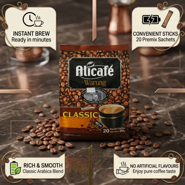 Alicafé Warung Klasik Instant Coffee – 20 Sachets, Traditional Malaysian Coffee, Rich & Smooth Flavor | Alicafé Warung Klasik ইন্সট্যান্ট কফি – ২০ স্যাচেট, মালয়েশিয়ার ঐতিহ্যবাহী কফি