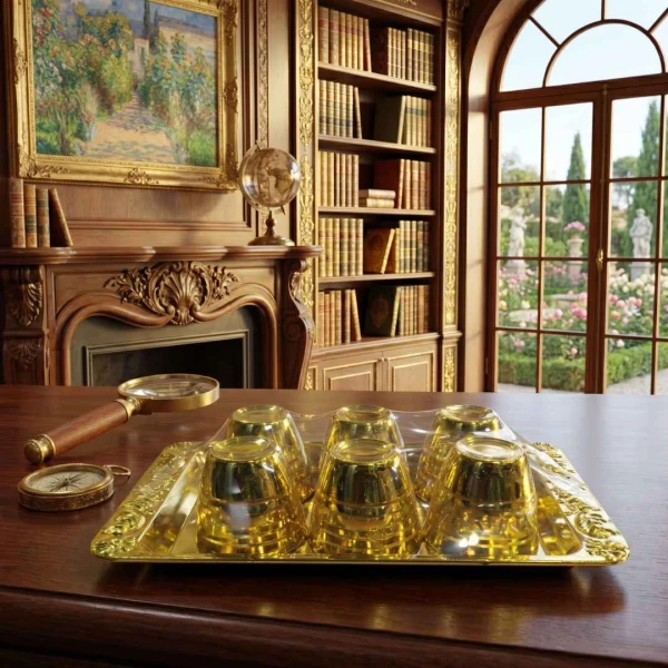 Gold Arabic Coffee Cup Set with Decorative Serving Tray