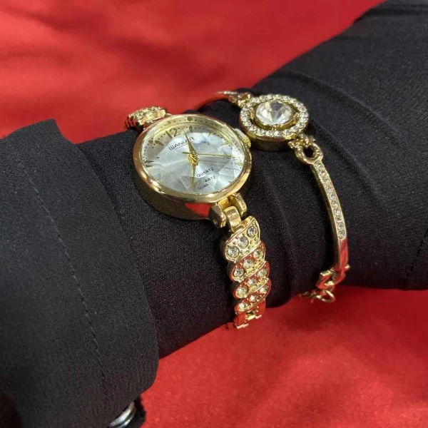 Mezze Ladies Gold Watch and Bracelet Set | Luxury Quartz Women's Wristwatch with Crystal Butterfly Dial | গোল্ডেন ঘড়ি এবং ব্রেসলেট সেট