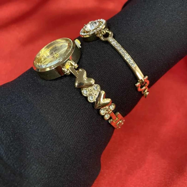 Mezze Ladies Gold Watch and Bracelet Set | Luxury Quartz Women's Wristwatch with Crystal Butterfly Dial | গোল্ডেন ঘড়ি এবং ব্রেসলেট সেট