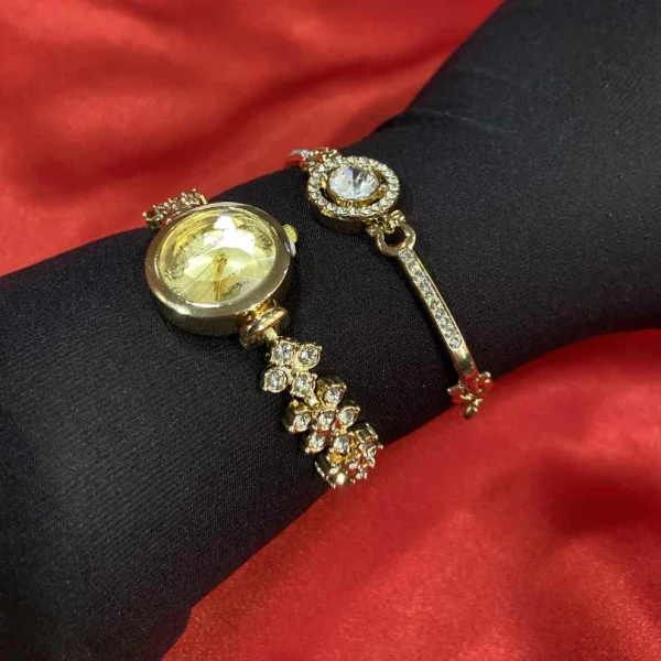 Mezze Ladies Gold Watch and Bracelet Set | Luxury Quartz Women's Wristwatch with Crystal Butterfly Dial | গোল্ডেন ঘড়ি এবং ব্রেসলেট সেট